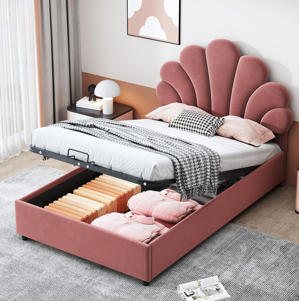POLSTERBETT 90/200 cm Rosa aus Samt mit Stauraum - Pink, Textil (90/200cm) - OKMYHOME