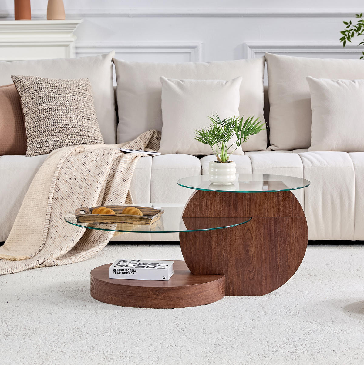 COUCHTISCH 90/70/44 cm aus MDF und Sicherheitsglas Transparent/Walnuss mit mehrstufiger Ablage - Walnussfarben, Holzwerkstoff (90/70/44cm) - OKMYHOME