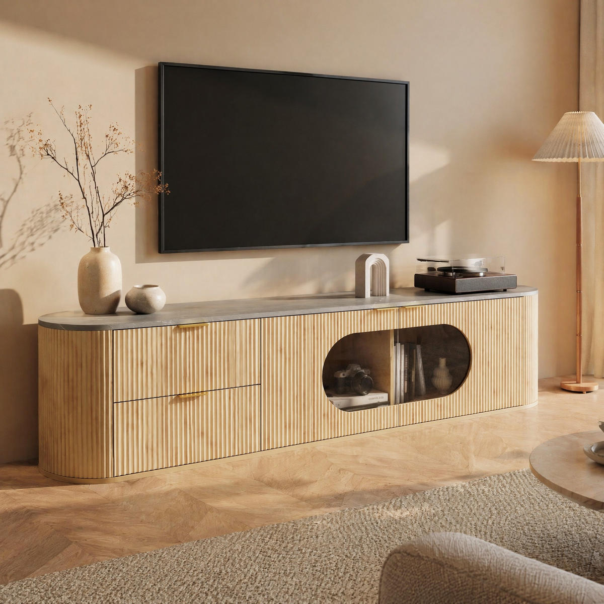 TV STOLEK v přírodním dekoru se svislými 3D proužky, do obývacího pokoje, 172×38×45,5 cm - přírodní/průhledná, kov/kompozitní dřevo (172/45.5/38cm) - STILVORA