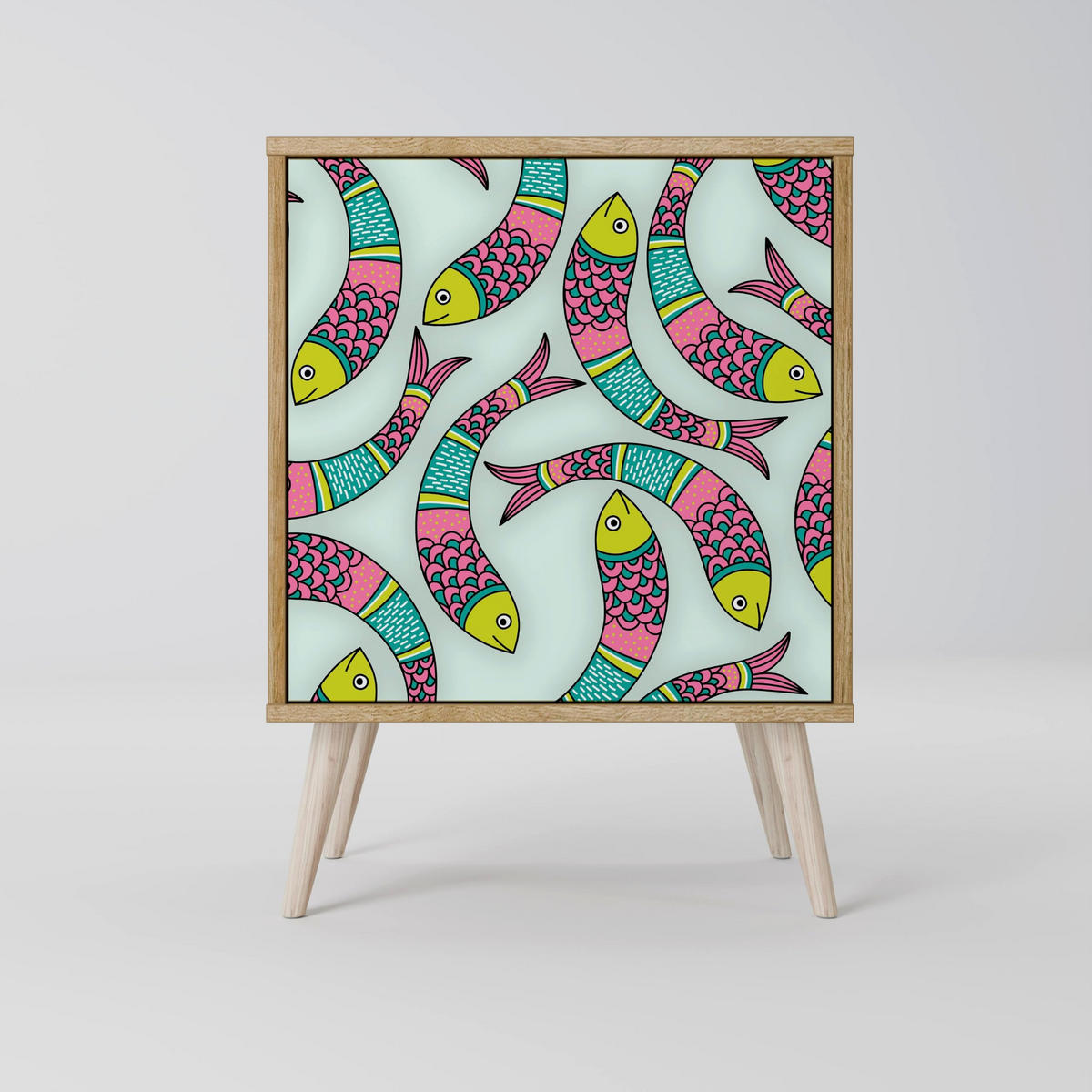 SIDEBOARD INDIAN FISH, Grau, 57,5x42x67,5 cm, Schwarze Metall-Rahmenfüße - Multicolor/Schwarz, Holzwerkstoff/Metall (57.5/67.5/42cm) - SpaceRebels