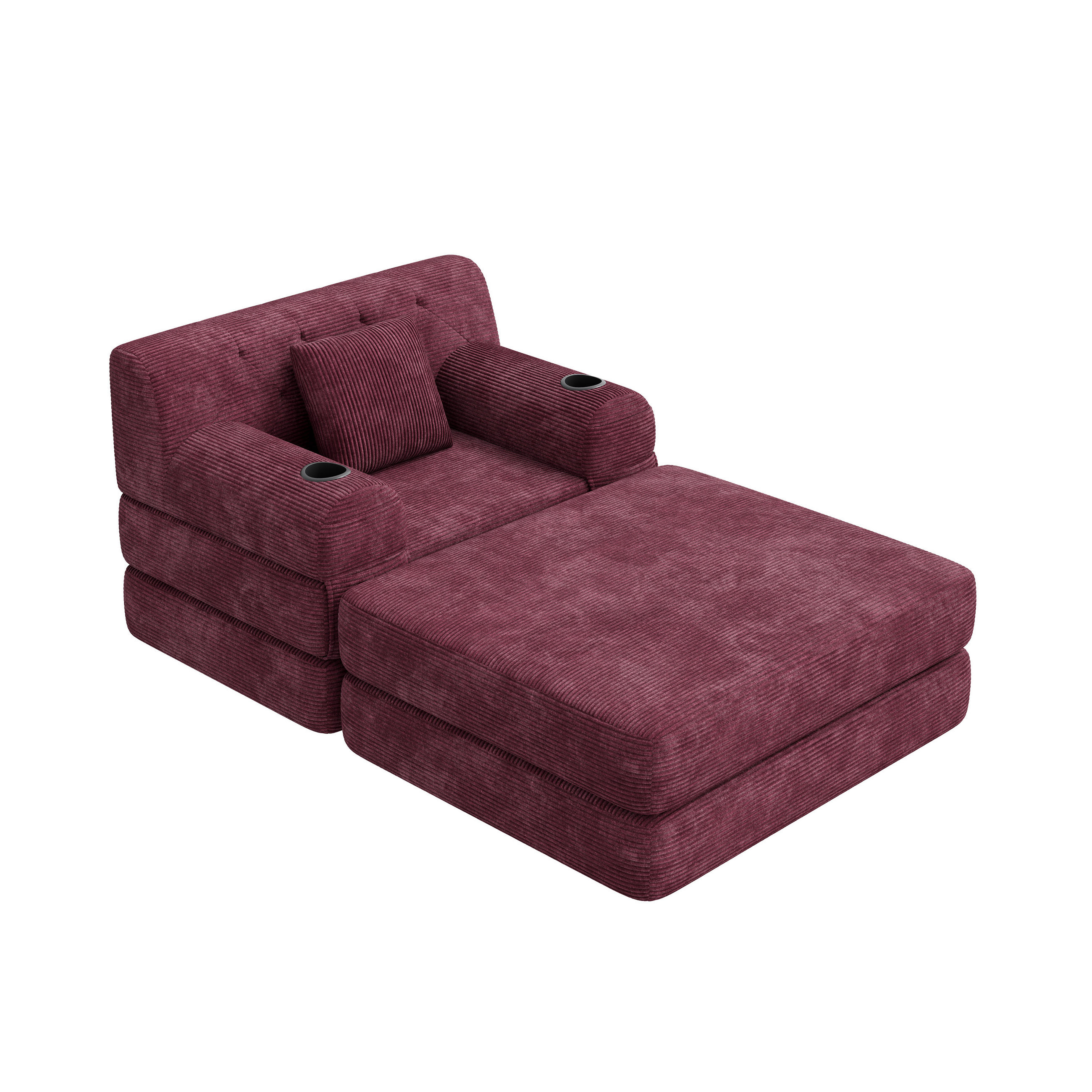 SCHLAFSOFA mit Hocker, Liegefunktion, Getränkehaltern und Seitentaschen in Weinrot aus Cord - Weinrot, Textil (191/60/162cm) - EVRYAE