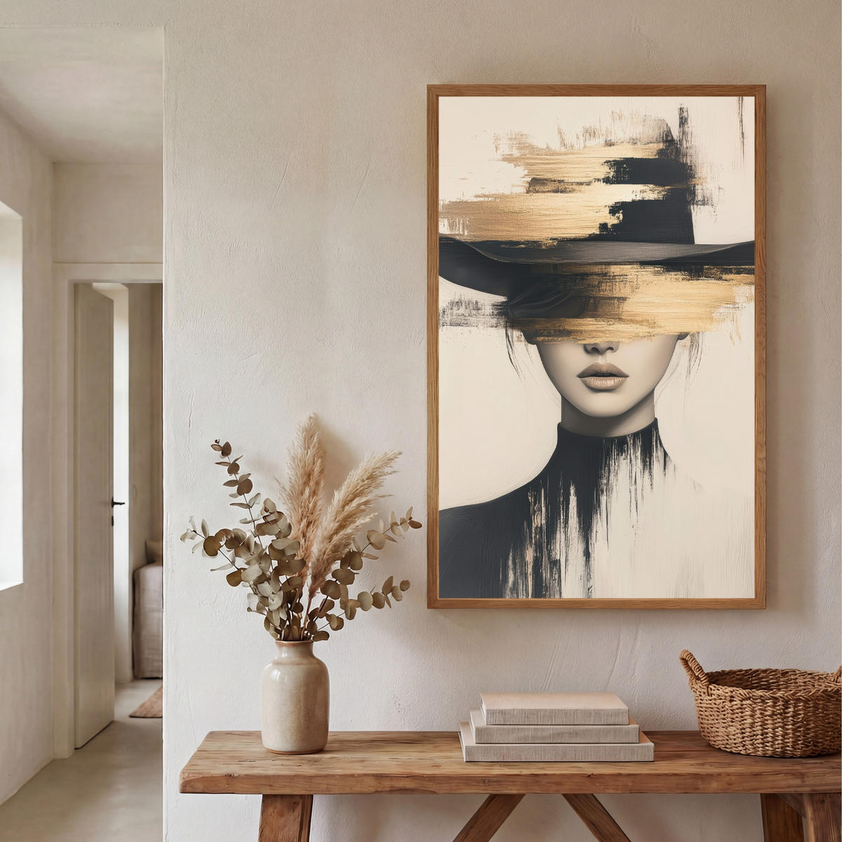 NÁSTĚNNÁ LAMPA S AKUMULÁTOREM Žena - klobouk - barva 70x100 cm - krémová, kompozitní dřevo (70/100/8cm) - OnlyWow