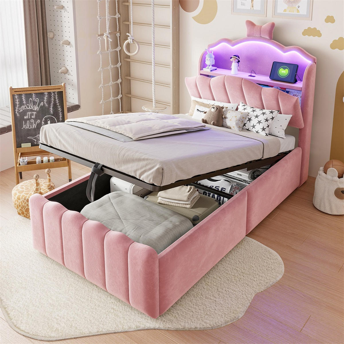 POLSTERBETT 90x200 cm mit hydraulischem Stauraum und LED Beleuchtung - 3USB - Anschlüsseund Typ-C - Beige - Beige, Textil (90/200cm) - DELFA