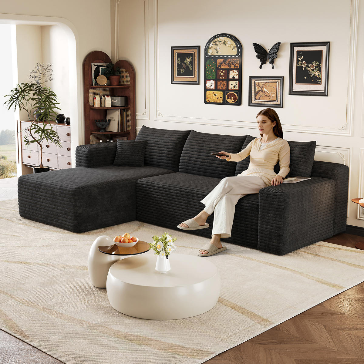 ECKSOFA Cord Schwarz ohne Montage - Schwarz, Textil (241/151cm) - WISHDOR
