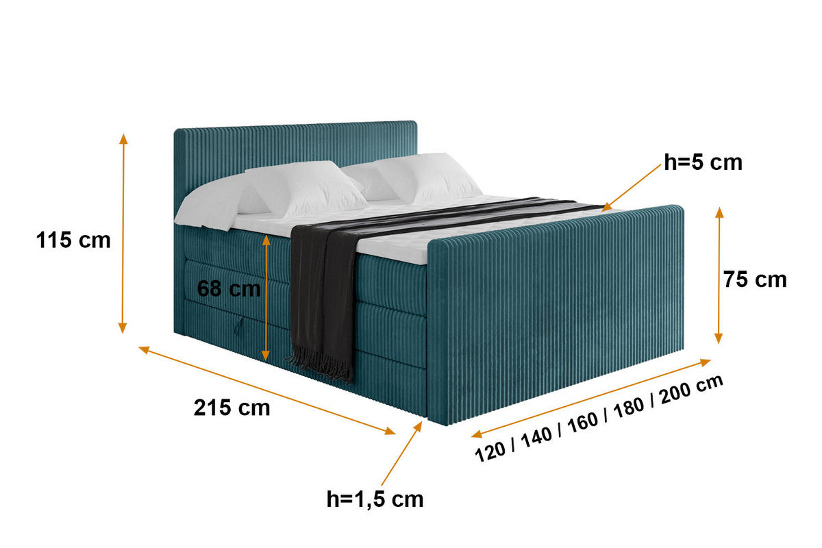 BOXSPRINGBETT mit Matratze H3|H4 und Lattenrost - TOLO-Z KING 200x200 Cord - Blau - Blau, Holzwerkstoff (200/200cm) - ALTDECOR