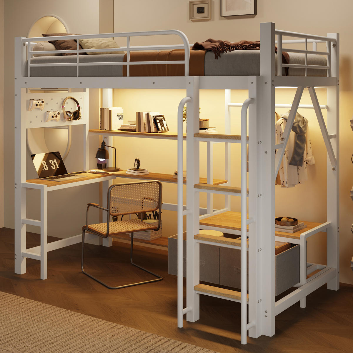 HOCHBETT 90x200cm, Eisen, Lochwand, Regale, Schubladen, Schreibtisch, USB, LED, Geländer, ohne Matratze, Weiß - Weiß, Holzwerkstoff (90/200cm)