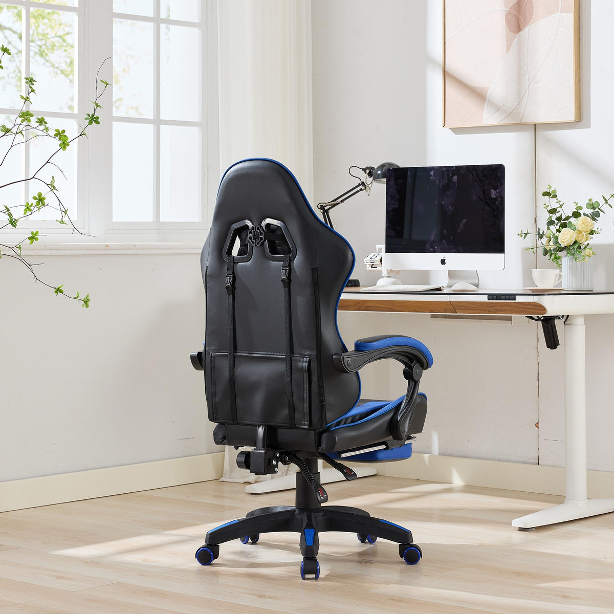 STUHL B64 / T58 / H116.5-126 cm,, Rennsport-Design, 360° drehbar und höhenverstellbar, Schwarz und Blau - Blau, Kunststoff (58/116.5/64.5cm) - Redom