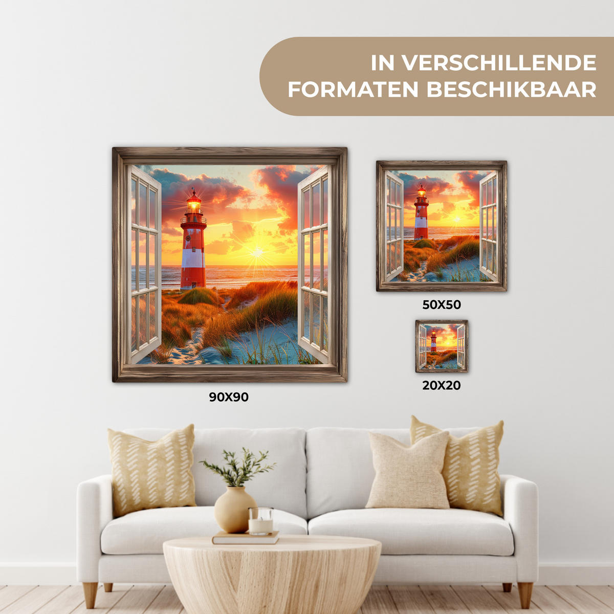LEINWANDBILD Aussicht - Fenster - Leuchtturm - Sonnenuntergang - Strand Deko Wohnzimmer 20x20 cm - Dunkelorange, Textil (20/20cm) - MuchoWow