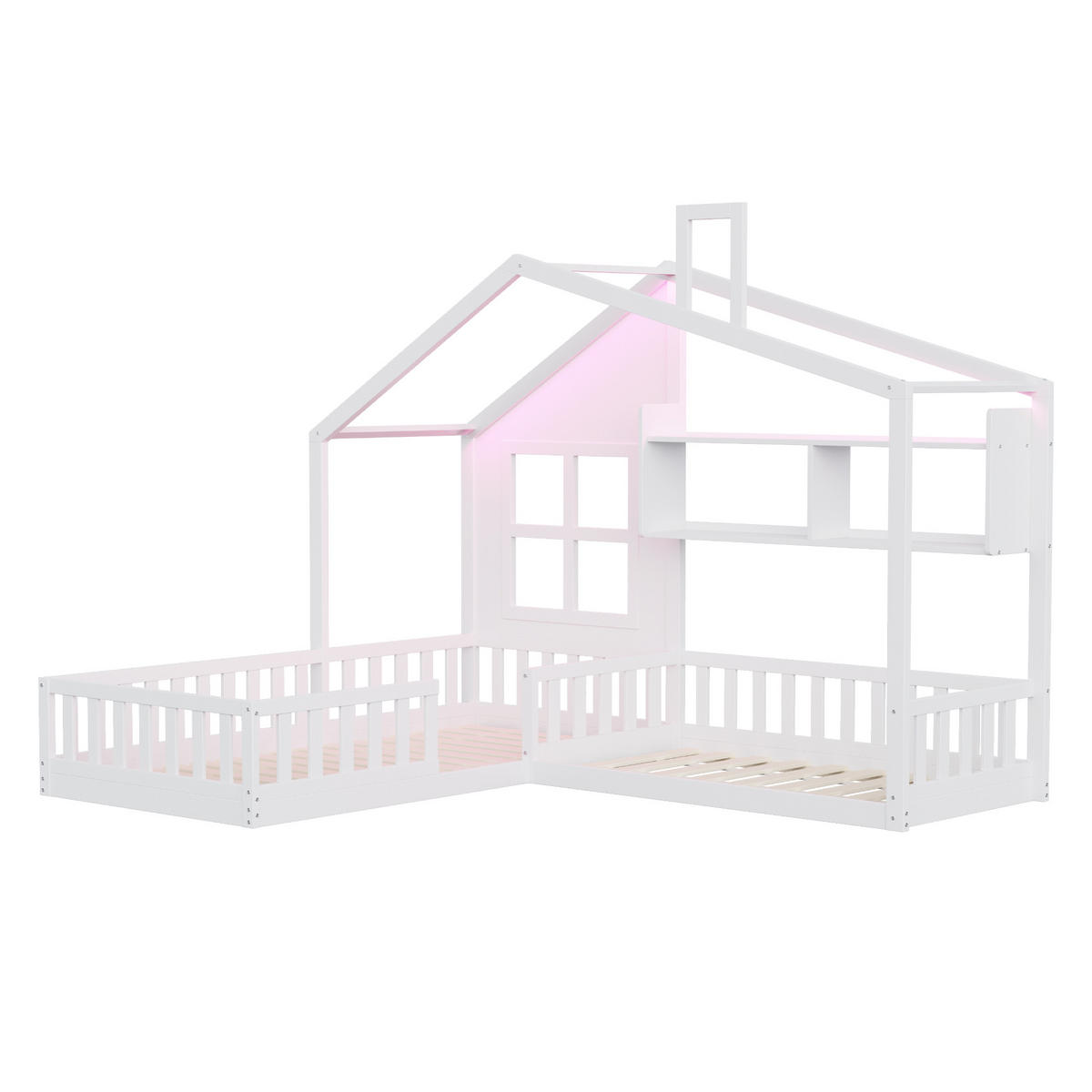 KINDERBETT im Haus-Design 90x200 cm mit Regalen und LED Weiß - Weiß, Holz (90/200cm) - Meubliv