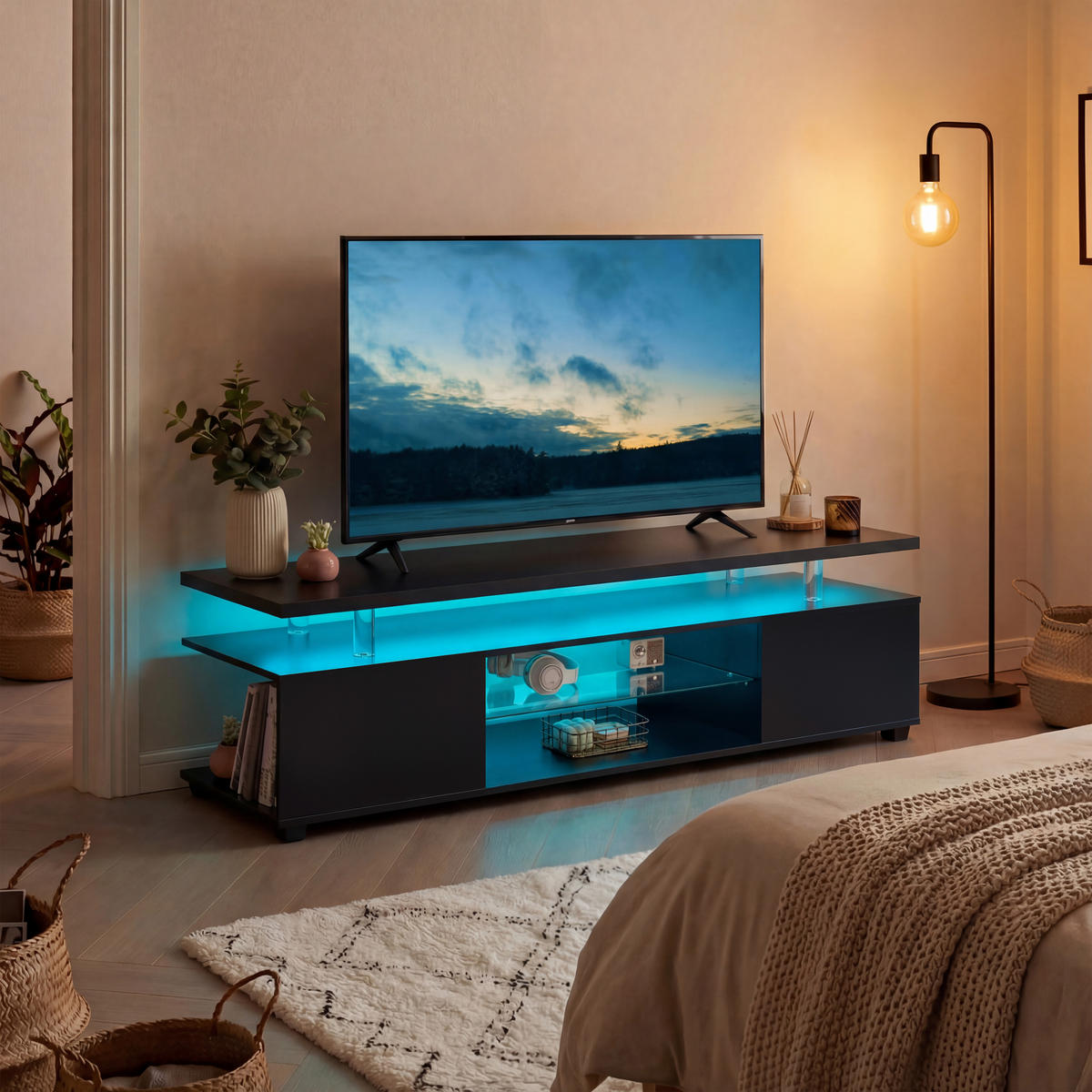 TV-ELEMENT 130/40/48 cm Schwarz mit LED-Licht - Schwarz, Holz (130/48/40cm) - Oxeza