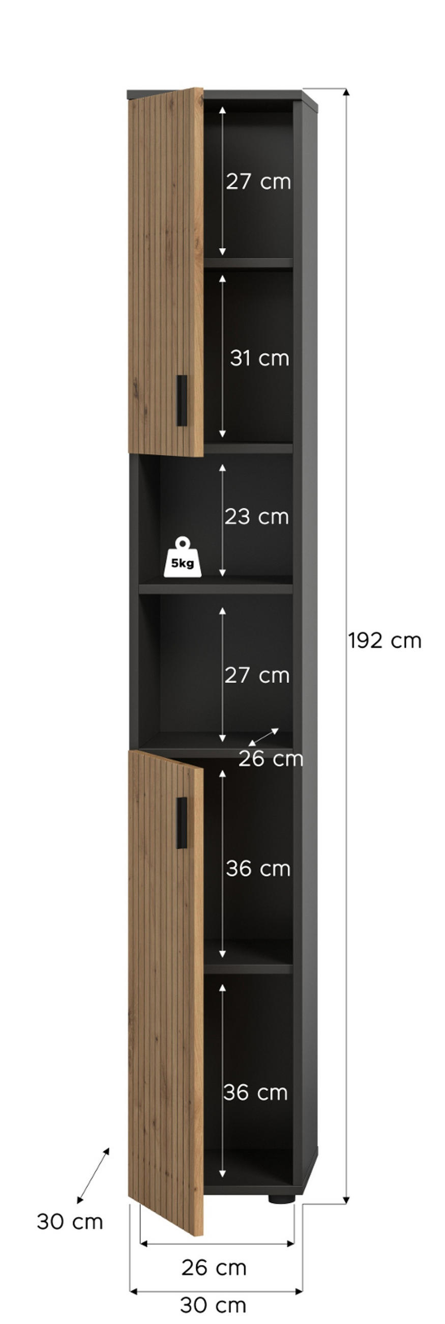 HOCHSCHRANK Eiche Artisan, grau 30 x 192 cm, Badschrank mit 6 Fächern - Schwarz/Eiche Artisan, Holzwerkstoff/Kunststoff (30/192/30cm) - Inn.Furn