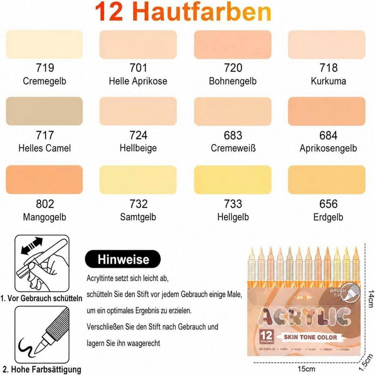 ACRYLSTIFTE 12-teiliges Set Hauttöne mit Pinselspitze - Gelb, Kunststoff (14/1/15cm)