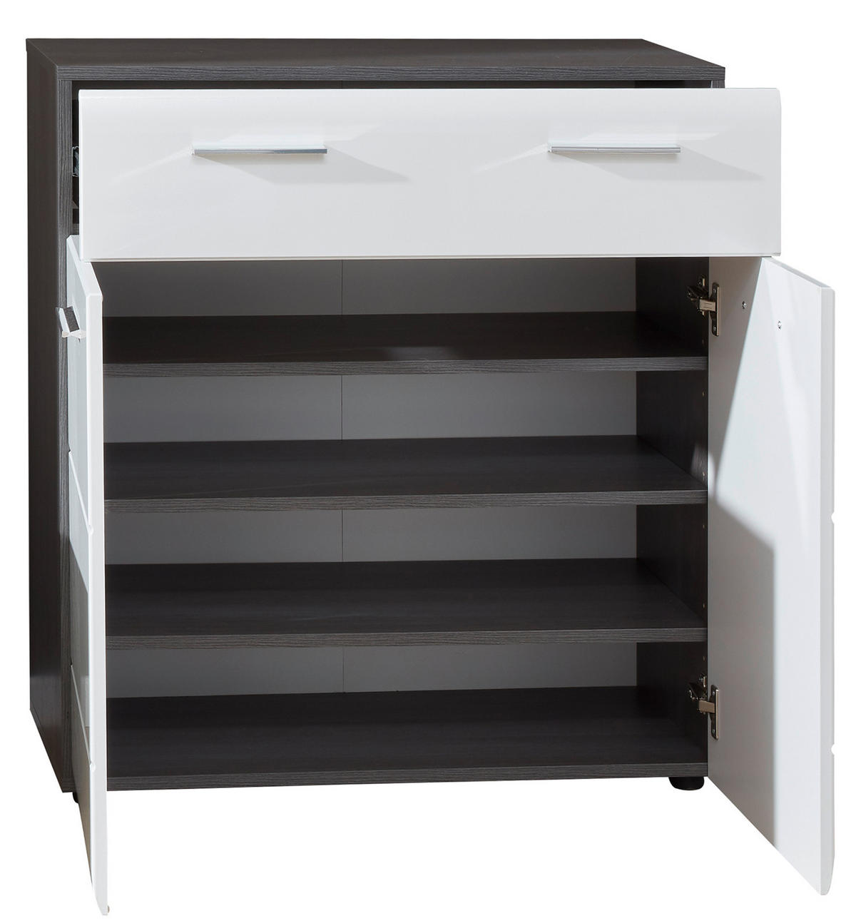 SCHUHKOMMODE Hochglanz weiß, Sardegna grau 80 x 87 cm, Flurkommode 2-türig - Weiß Hochglanz/Silberfarben, Holzwerkstoff/Kunststoff (80/87/35cm) - Top.Furn