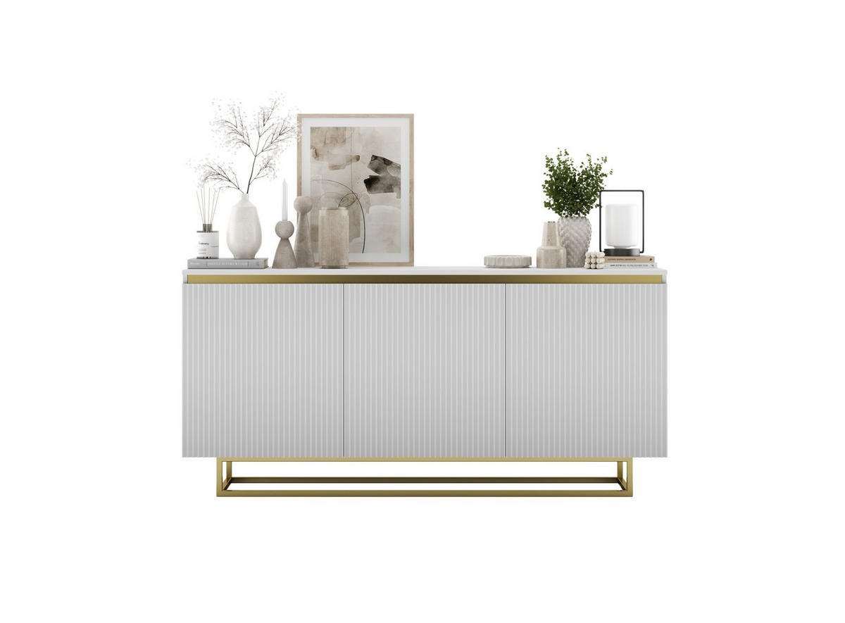 SIDEBOARD Selene 3D Weiß Matt mit geriffelten Fronten Glamour 167 cm - Goldfarben/Weiß, Holzwerkstoff/Metall (167/79/35cm) - Meble Lindner