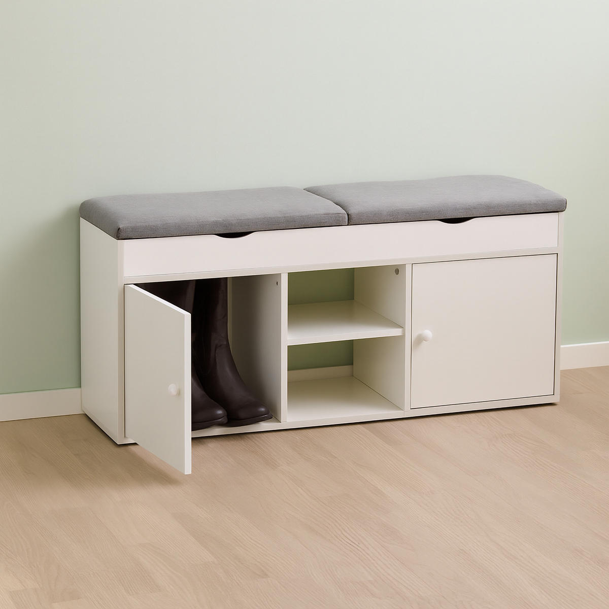 SCHUHBANK - Weiß/Grau, Holzwerkstoff/Textil (100/49.5/34cm) - Relaxdays