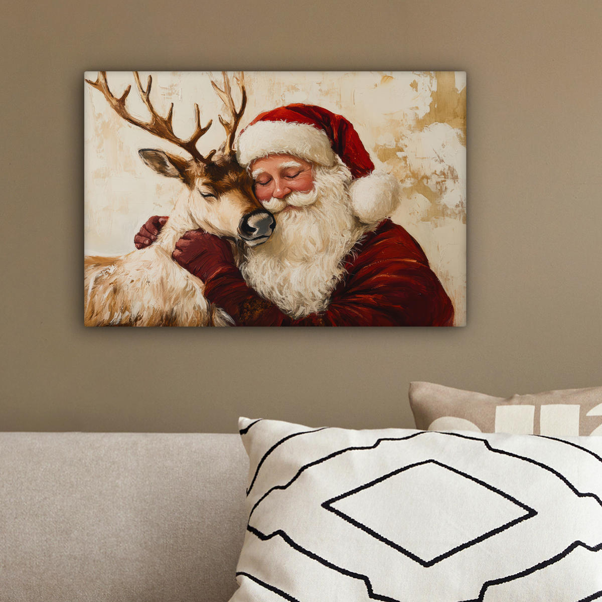 LEINWANDBILD Weihnachtsmann - Rentier - Weihnachten 30x20 cm - Rotbraun, Textil (30/20cm) - MuchoWow