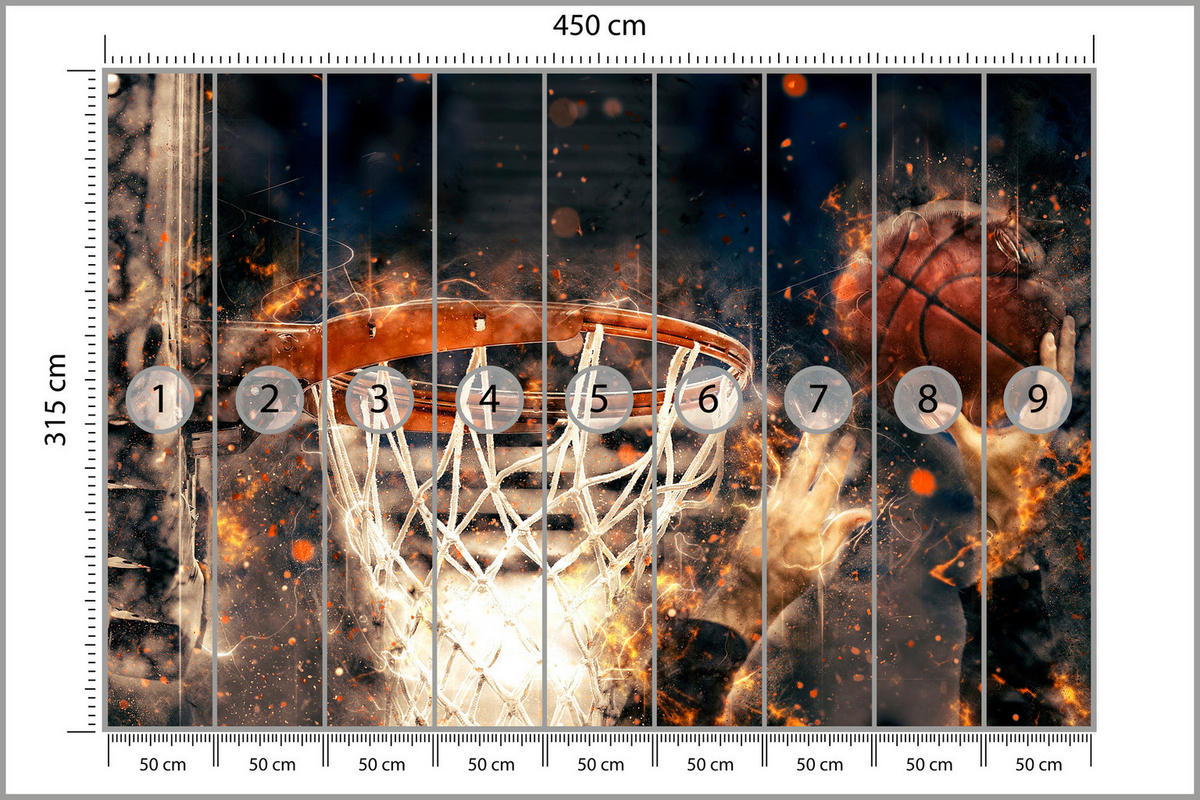 FOTOTAPETE für Jugendzimmer Aquarell Basketball Dunk Sport 450x315 - Beige/Schwarz, Papier (450/315cm) - Muralo