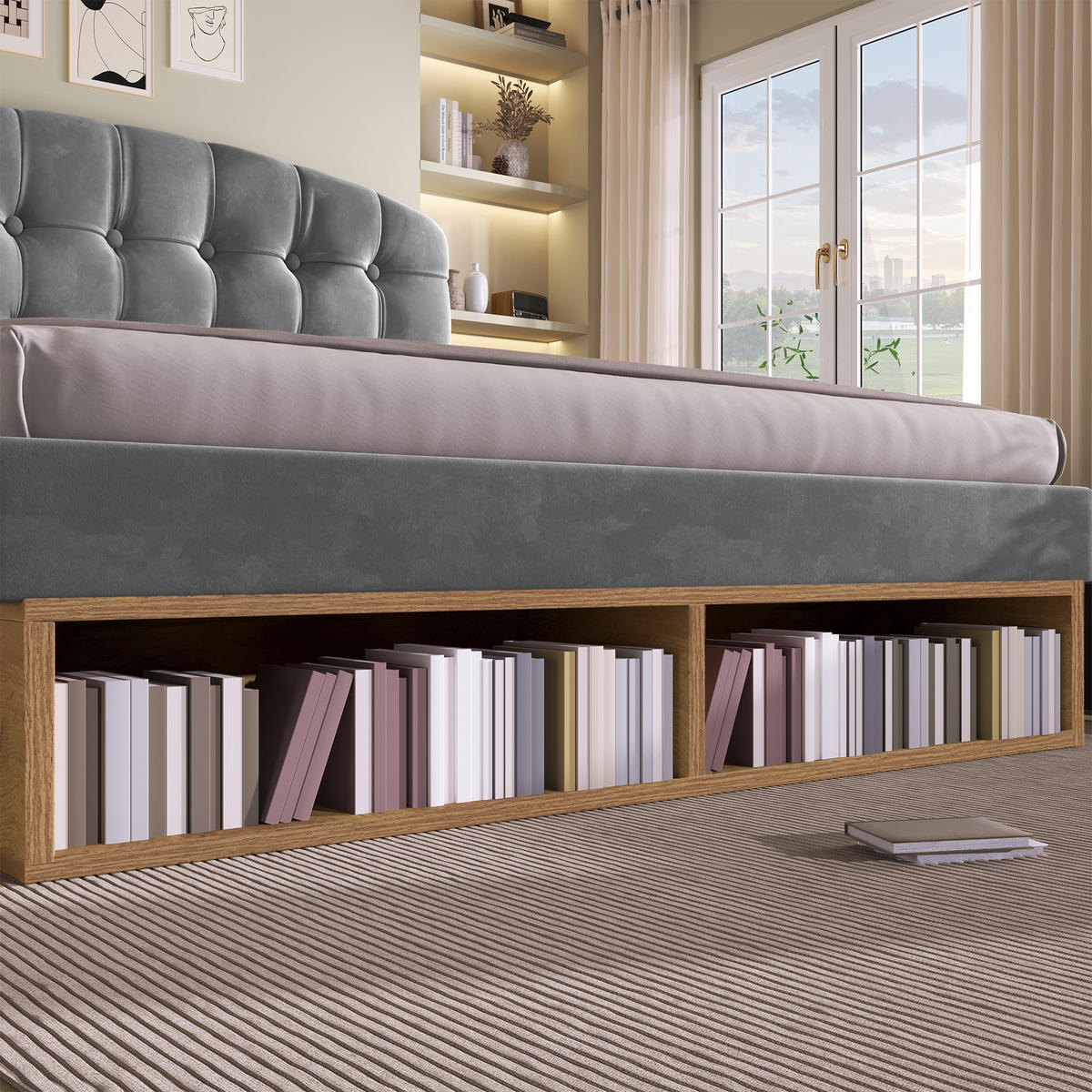 POLSTERBETT 140/190 cm in Grau Samt mit Schubladen, Stauraum und verstellbarem Kopfteil - Grau, Holzwerkstoff/Textil (140/190cm) - STILVORA
