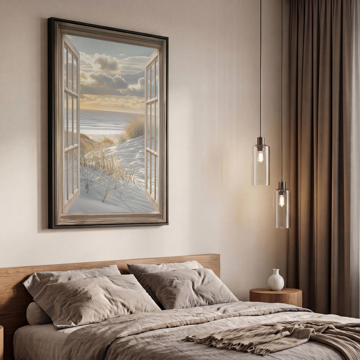 LEINWAND Bilder mit Rahmen - Ausblick - Strand - Dünen - Meer - Natur - 60x90 - Sandfarben, Textil (60/90cm) - MuchoWow