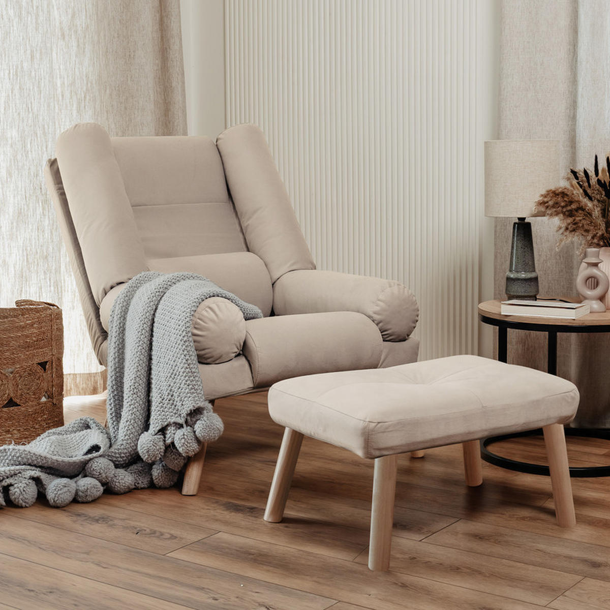 RELAXSESSEL LILA mit hocker, 75/75/100 cm, Beige - Beige, Holz/Textil (75/100/75cm) - Idohome