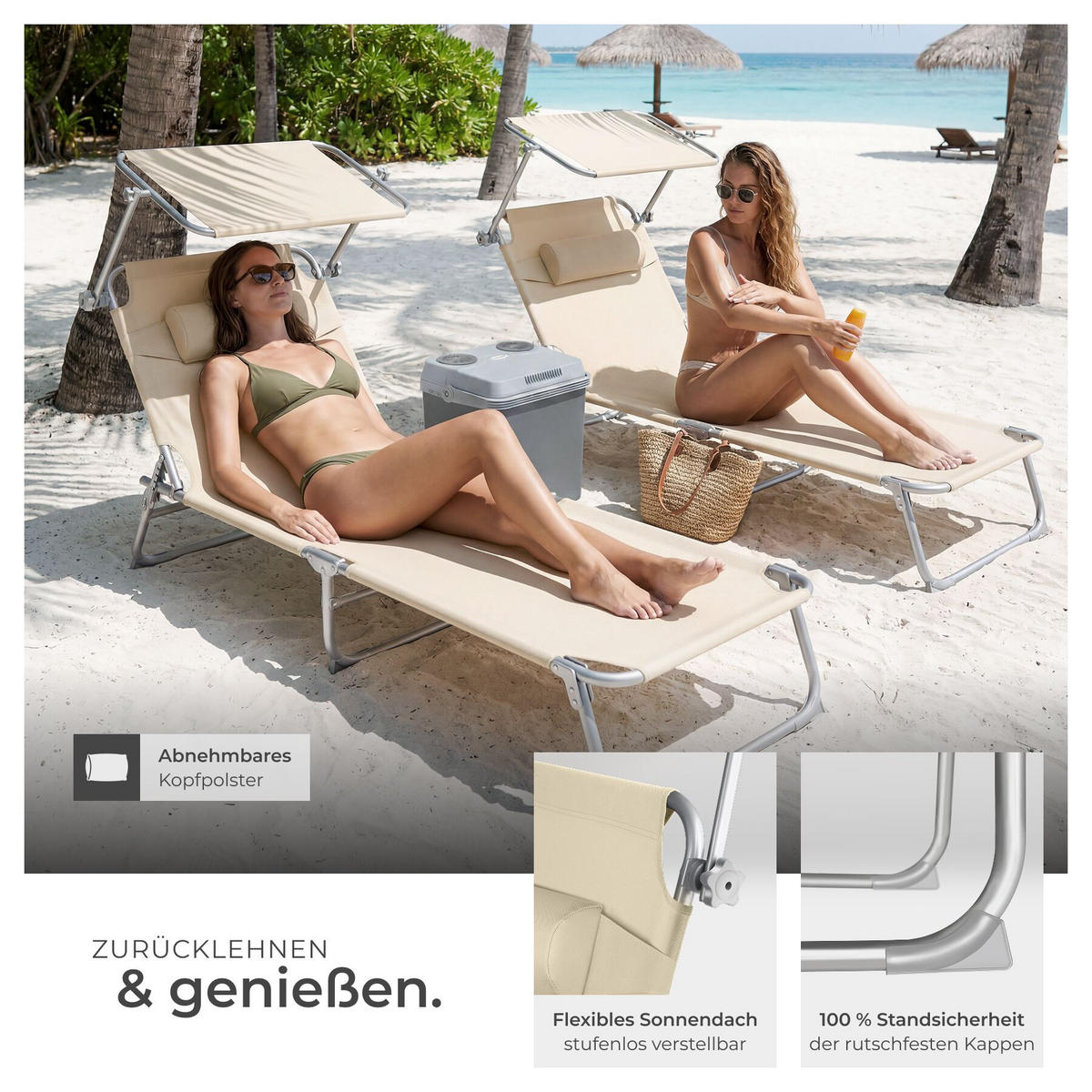 SONNENLIEGE 2er Set Chloé, 190 x 68 x 111 cm, beige - Beige, Kunststoff (68/65/190cm) - tectake