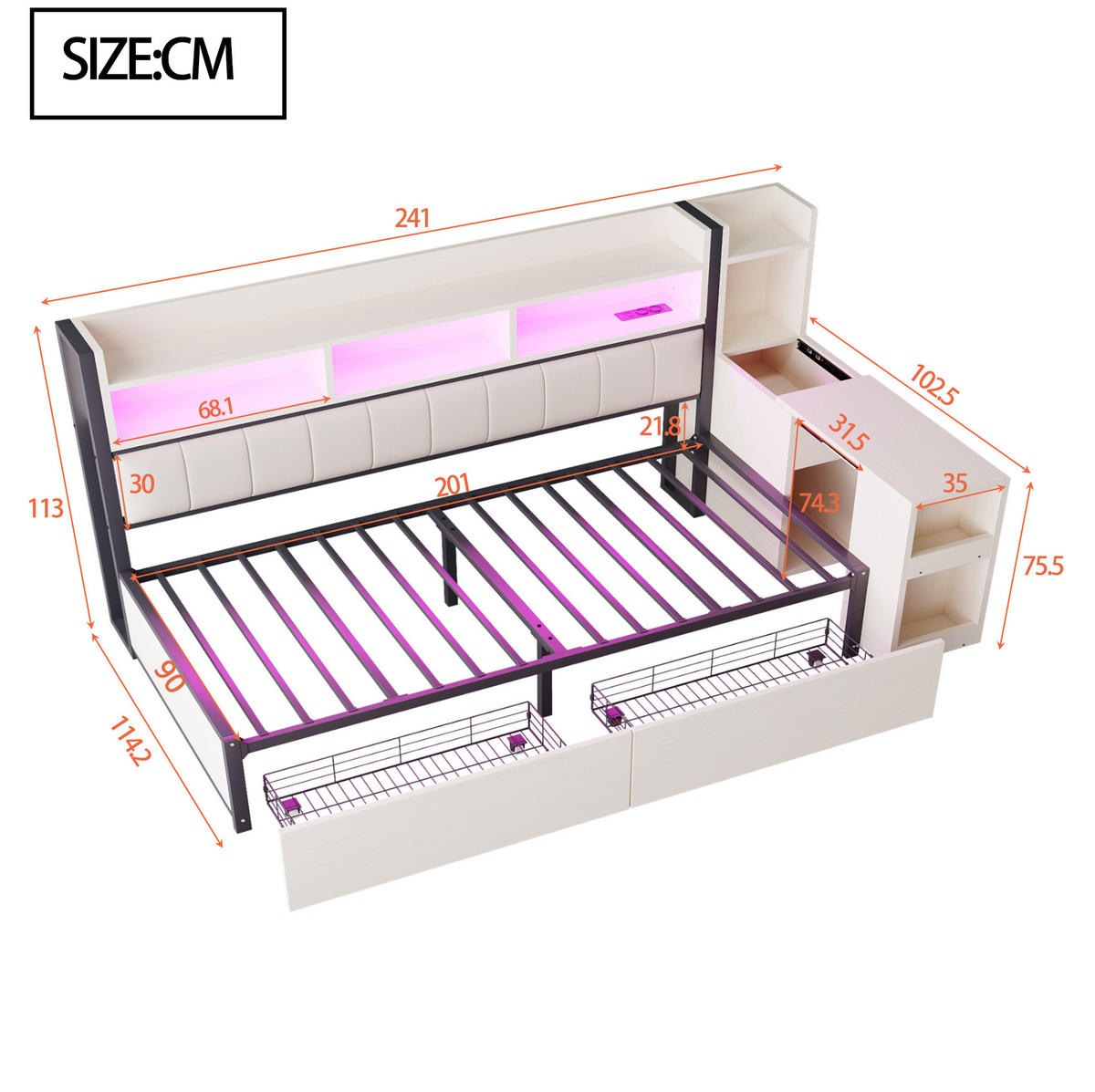 MULTIFUNKTIONSBETT aus Metall und Holz 90x200 cm Weiß/Holzfarbe mit Schreibtisch, Steckdosen, LED und viel Stauraum - Weiß, Metall (90/200cm) - Modfu