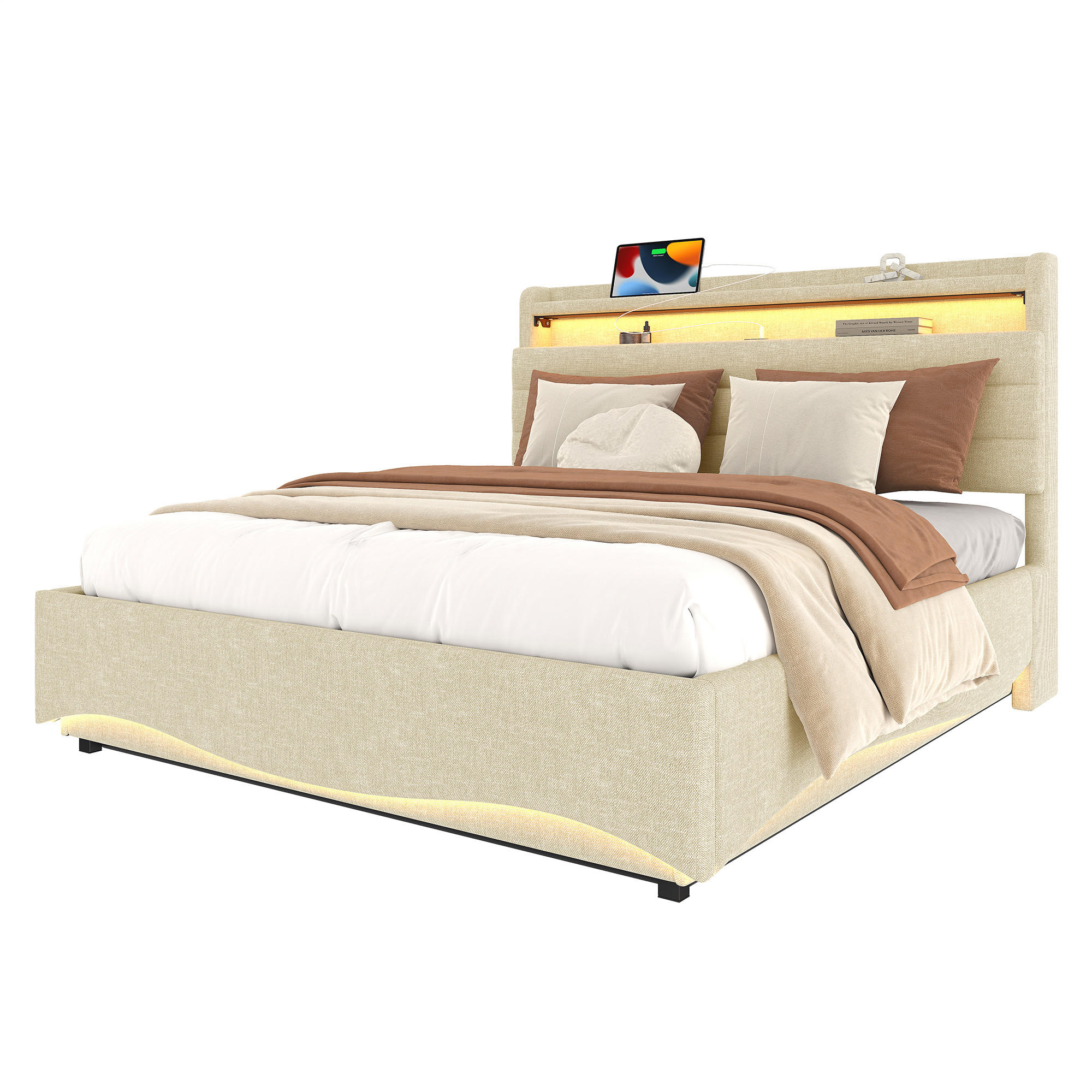 POLSTERBETT 140/200 cm in Beige Leinen mit Bettkasten, LED und USB/Type-C - Beige, Holzwerkstoff/Textil (140/200cm) - WISHDOR