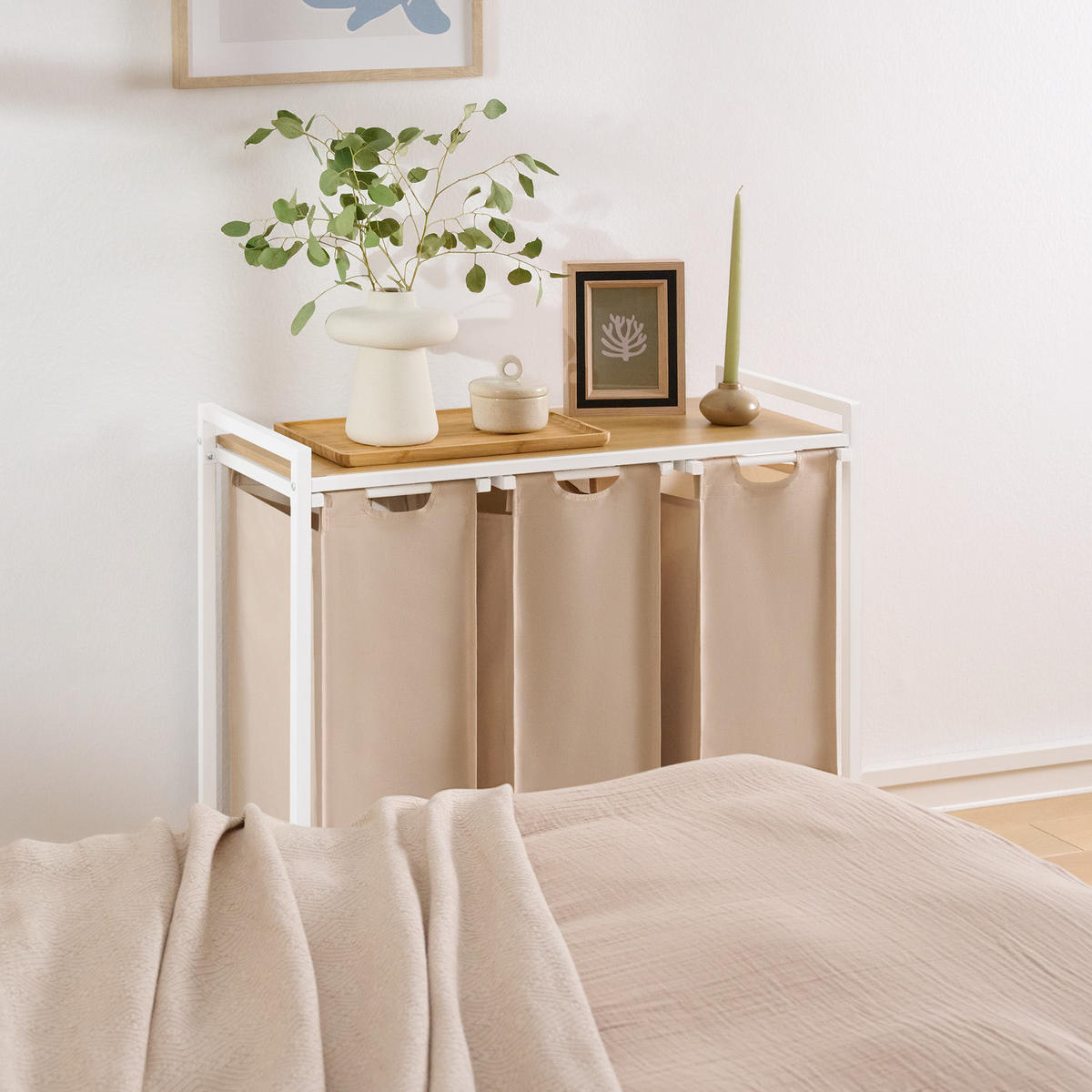 WÄSCHESAMMLER 3 Fächer Creme - Wäschekorb mit Ablage in Bambus-Optik - Wäschetrenner 3 Fächer - Creme, Textil (83.5/73/36cm) - Blumtal