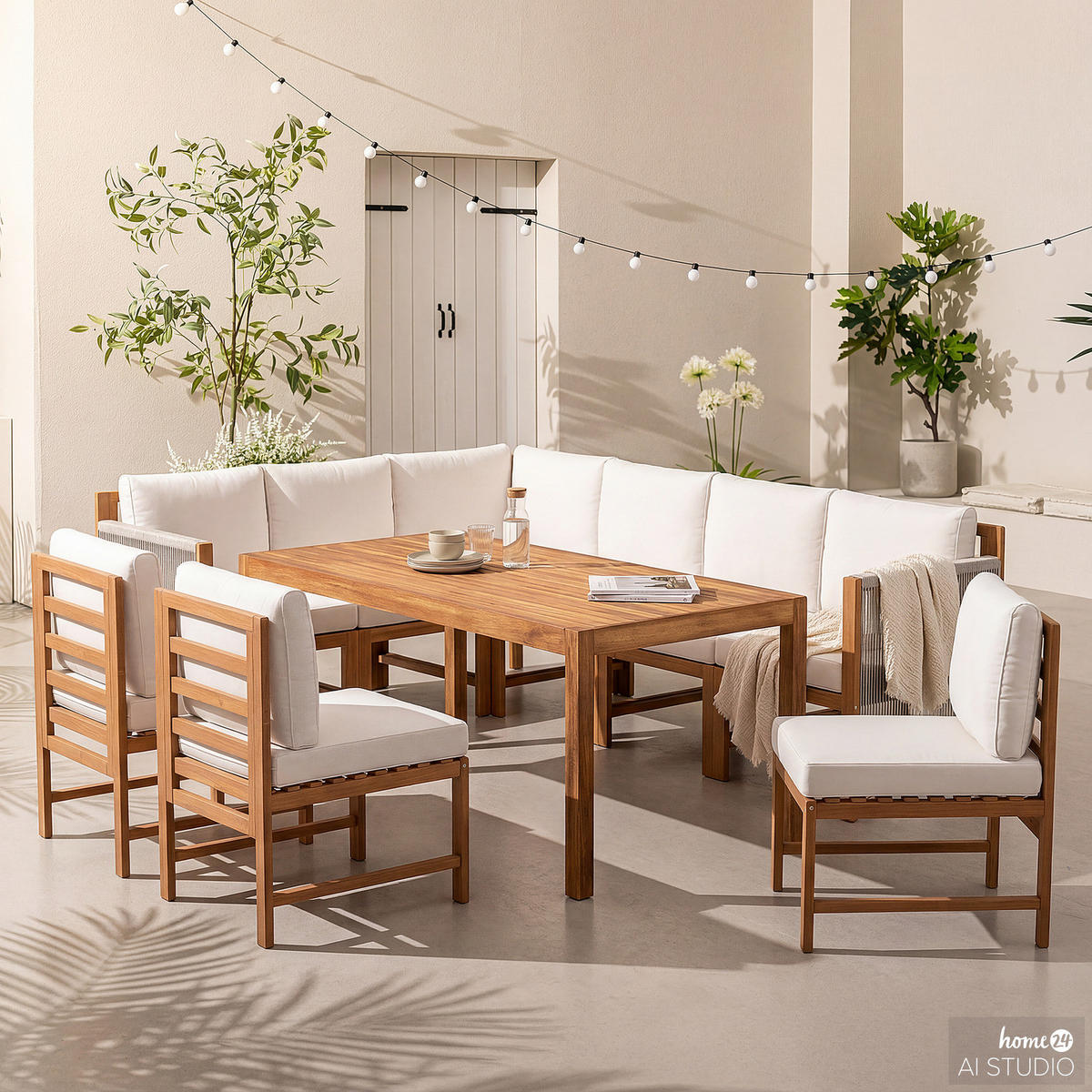 DINING-LOUNGESET - 10-teilig - Akazie massiv / Polyester - Braun / Beige - Beige/Braun, Holz/Textil - home24
