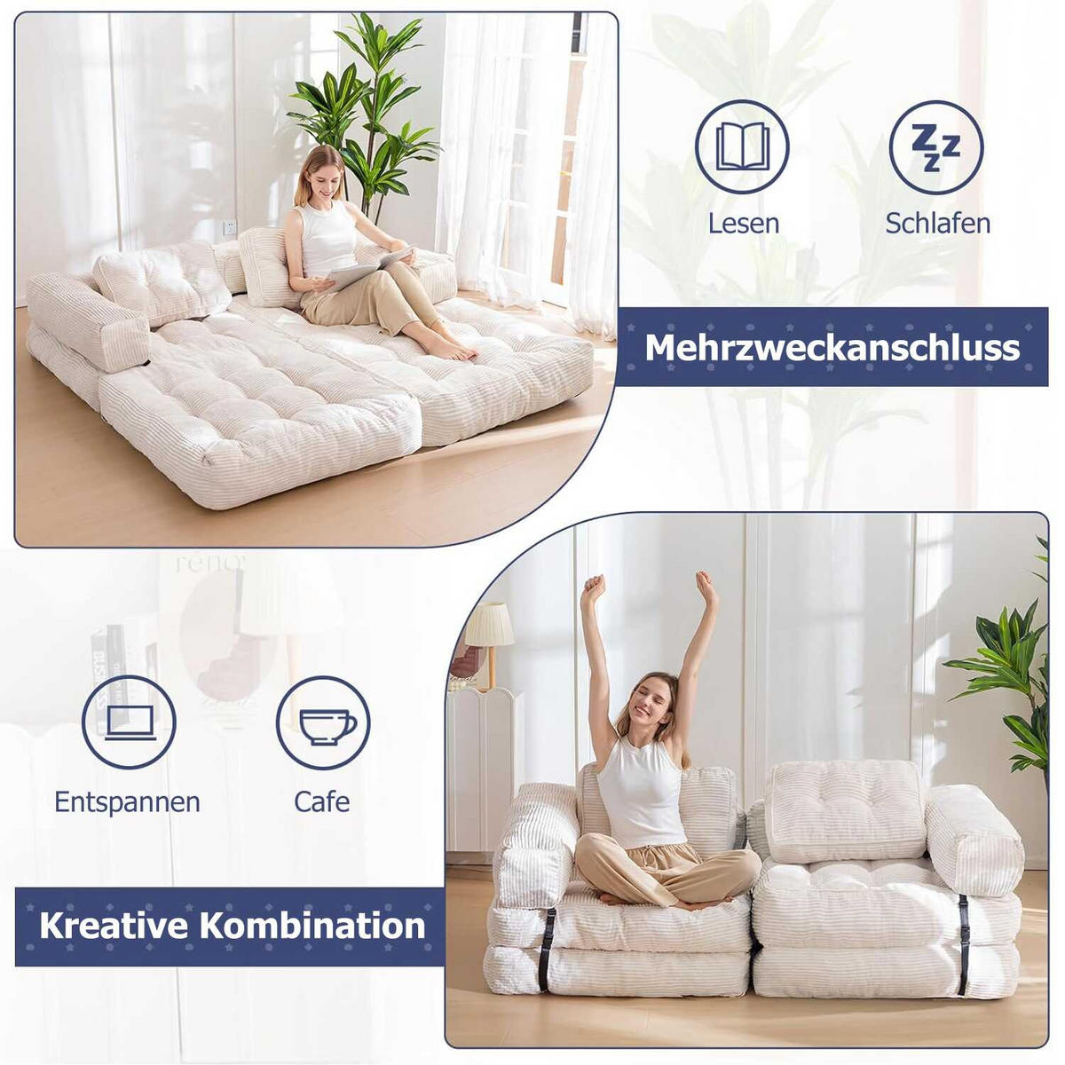 SOFA 1 Sitzer faltbar mit Armlehnen, 170x85 cm, für Wohnzimmer & Schlafzimmer,Beige - Beige, Textil (86/21/170cm)