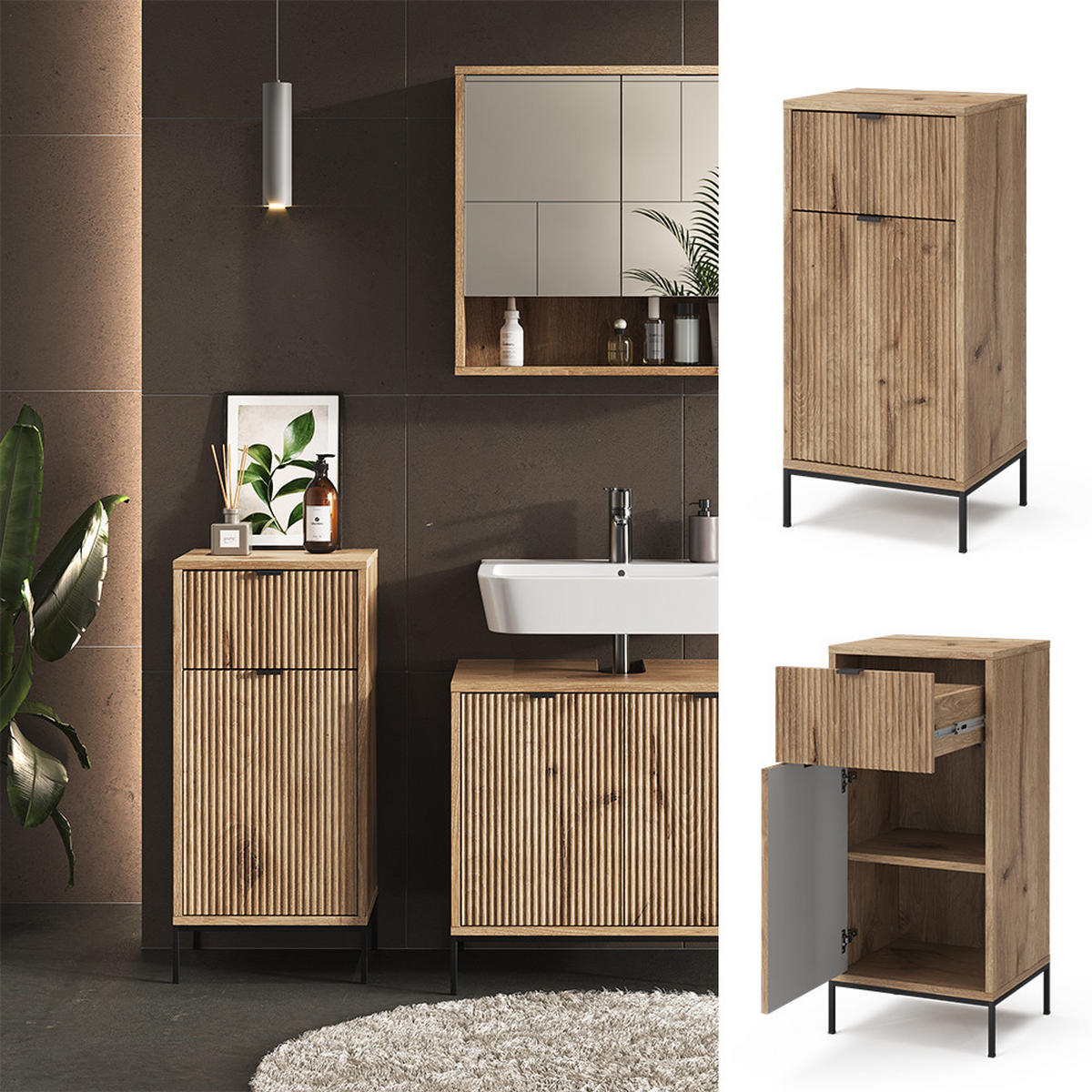 BADSCHRANK Eliza Viking Oak 40 x 87 cm mit Tür und Schublade - Eiche Wotan/Sonoma Eiche, Holzwerkstoff (40/87/35cm) - Vicco