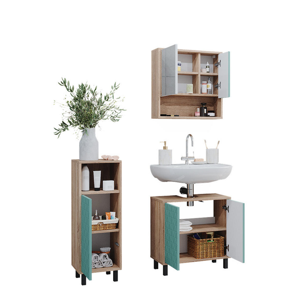 BADMÖBEL-SET Agasta Mintgrün 3 Teile, mit Midischrank - Mintgrün/Sonoma Eiche, Holzwerkstoff (56/57/28cm) - Vicco