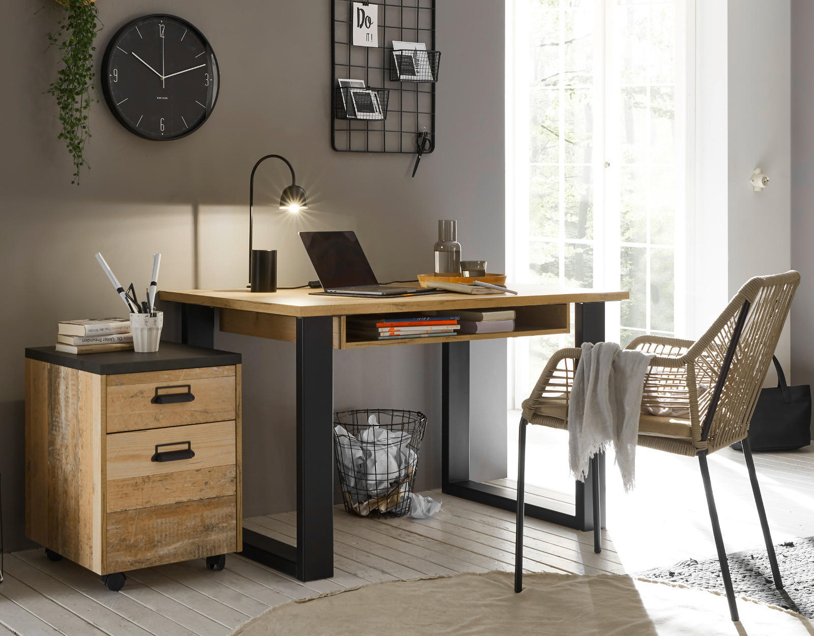SCHREIBTISCH-SET mit Rollcontainer, Used Wood hell, anthrazit - Eichefarben/Anthrazit, Holzwerkstoff/Metall (60/165/76cm) - Furn.Design