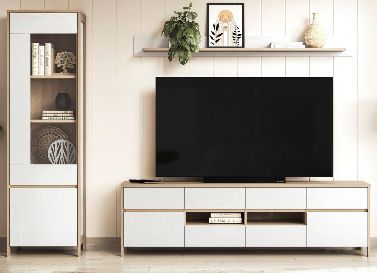 WOHNWAND weiß, Eiche, Wohnkombination skandinavisch 3-teilig 266 cm, Soft-Close, Finnes - Eichefarben/Weiß, Holzwerkstoff/Metall (266/195/39cm) - Furn.Design