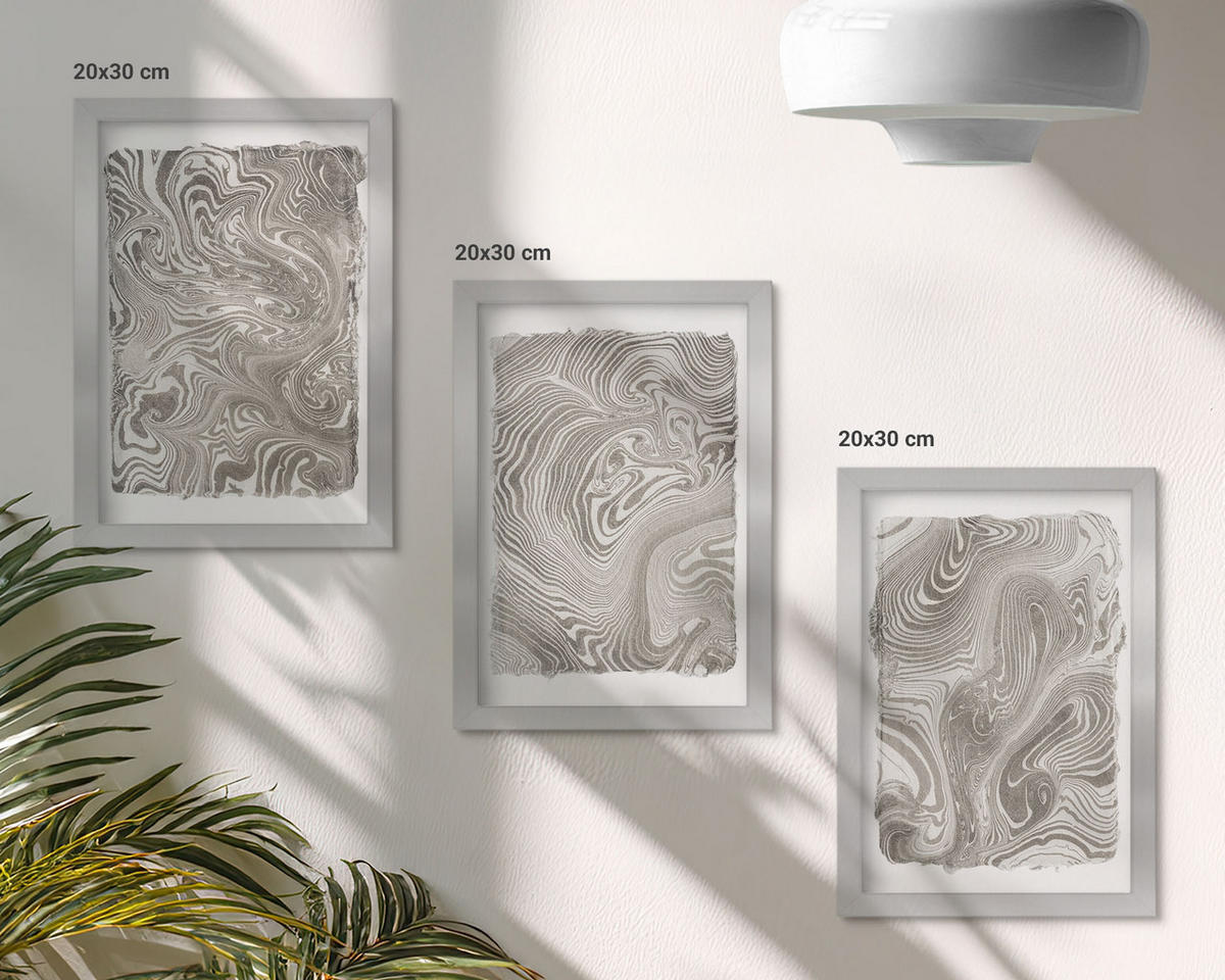 BILDER SET 3er Set - 20x30 cm Silberner Rahmen - Moderne Formen Malerei - Silberfarben, Kunststoff (20/30cm) - TULUP