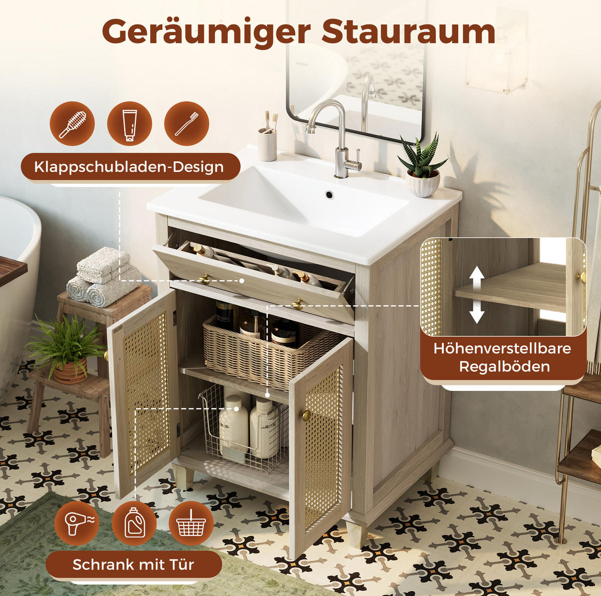 WASCHTISCHKOMMODE aus Keramik und MDF 61x47x87 cm Naturholzoptik mit Klappschublade und Rattan-Türen - Eichefarben, Keramik (61/87/47cm) - Modfu