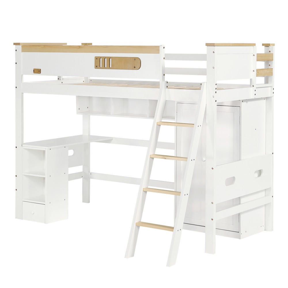ETAGENBETT 90x200cm in Weiß+Natur mit Tisch und Kleiderschrank - Weiß, Holz (90/200cm) - KOMHTOM