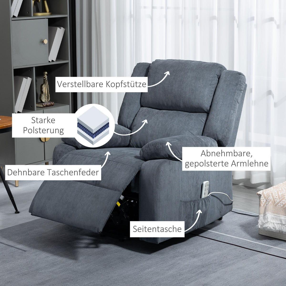 AUFSTEHSESSEL DE-06413 mit Liegefunktion, 170 kg Belastbarkeit, Samtoptik Grau - Grau, Textil/Metall (93/105/91cm) - ComfortXL