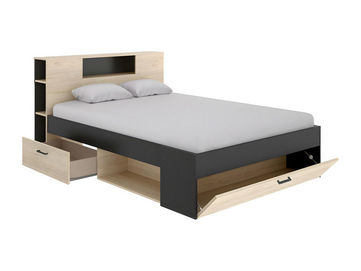 BETT mit Kopfteil, Stauraum & Schubladen - 160 x 200 cm - Naturfarben & Anthrazit - LEANDRE - Anthrazit, Holz (169.5/228.5cm) - Vente-Unique