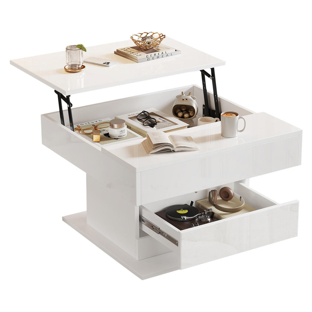 COUCHTISCH 70/70/45 cm Weiß hochglänzend mit 360° drehbarer Tischplatte und 1 Schublade - Weiß, Holzwerkstoff (70/70/45cm) - OKWISH