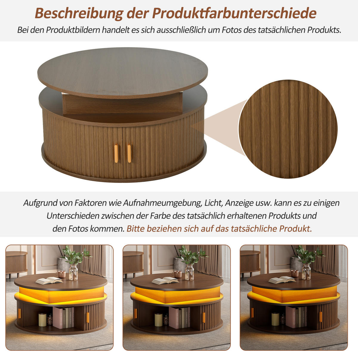 COUCHTISCH 75/75/52 cm höhenverstellbar mit LED-Beleuchtung, Rollladentüren und Stauraum, Walnussfarben - Nussbaumfarben, Holzwerkstoff (75/75/52cm) - Modfu