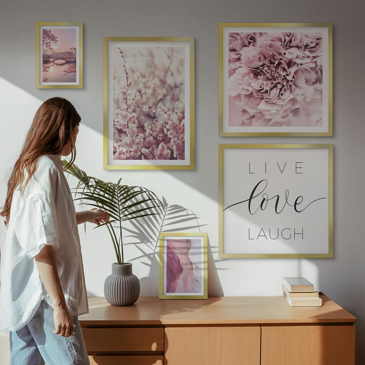 WANDBILDER 5er Set - 50x50 cm & 20x30 cm & 40x60 cm Goldrahmen - Italienische Sonnenuntergänge - Goldfarben, Kunststoff (40/60cm) - ArtPrintCave