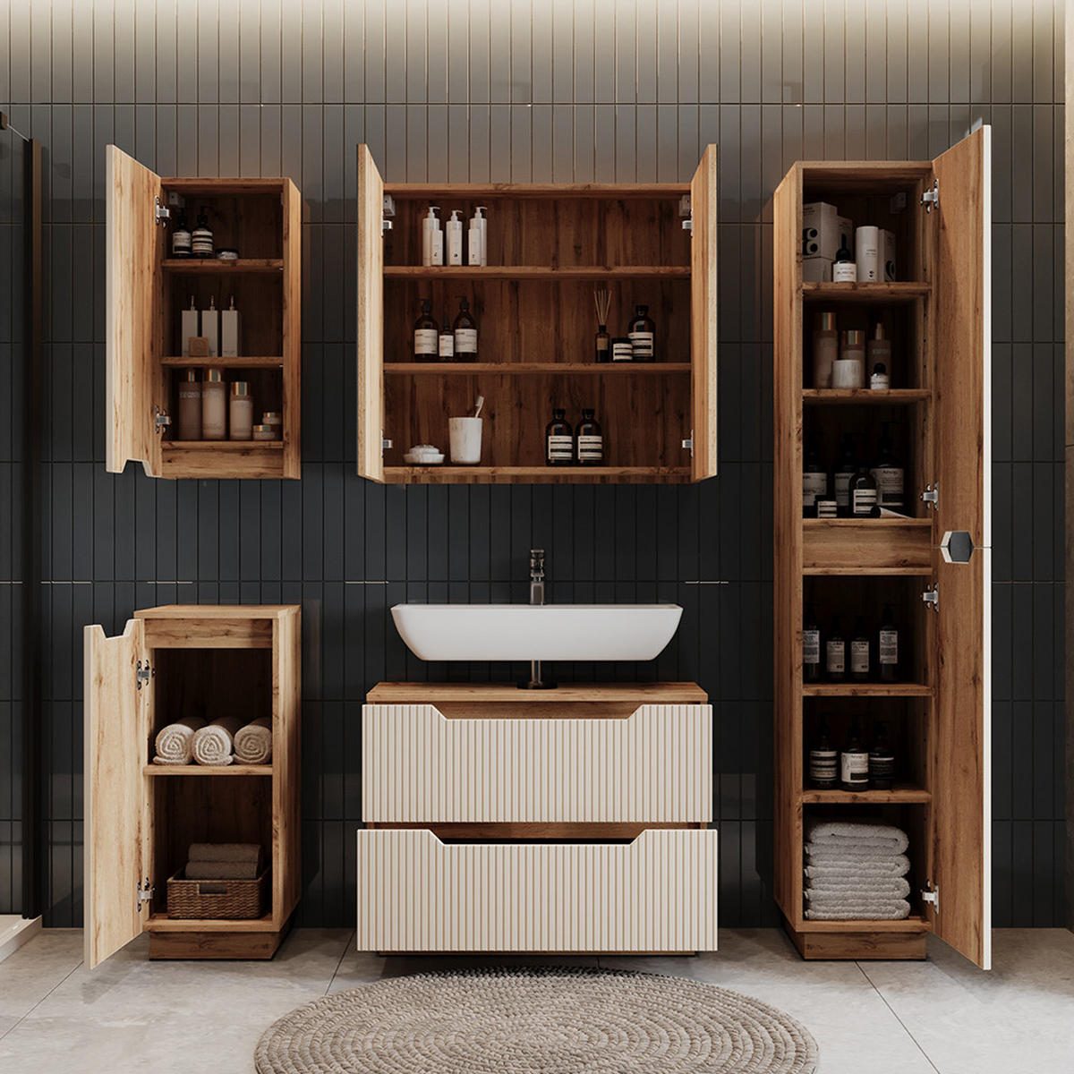 BADMÖBEL-SET Lotta Eiche/Kaschmir gestreift 4 Teile - Kaschmir/Eichefarben, Holzwerkstoff (79.6/62.5/32cm) - Vicco