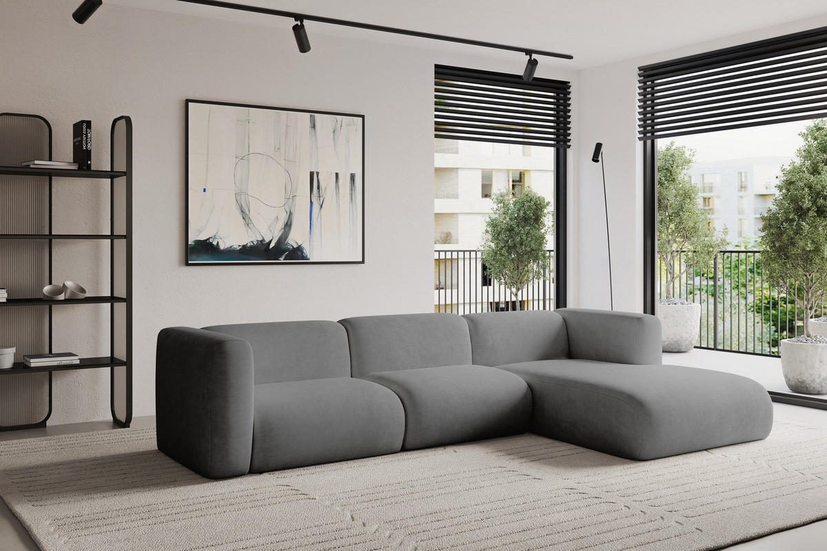 ECKSOFA Ottomane Rechts MIRA-L2 318x179x89 Grau Velours - Schieferfarben/Schwarz, Holzwerkstoff/Kunststoff (318/179cm) - ALTDECOR