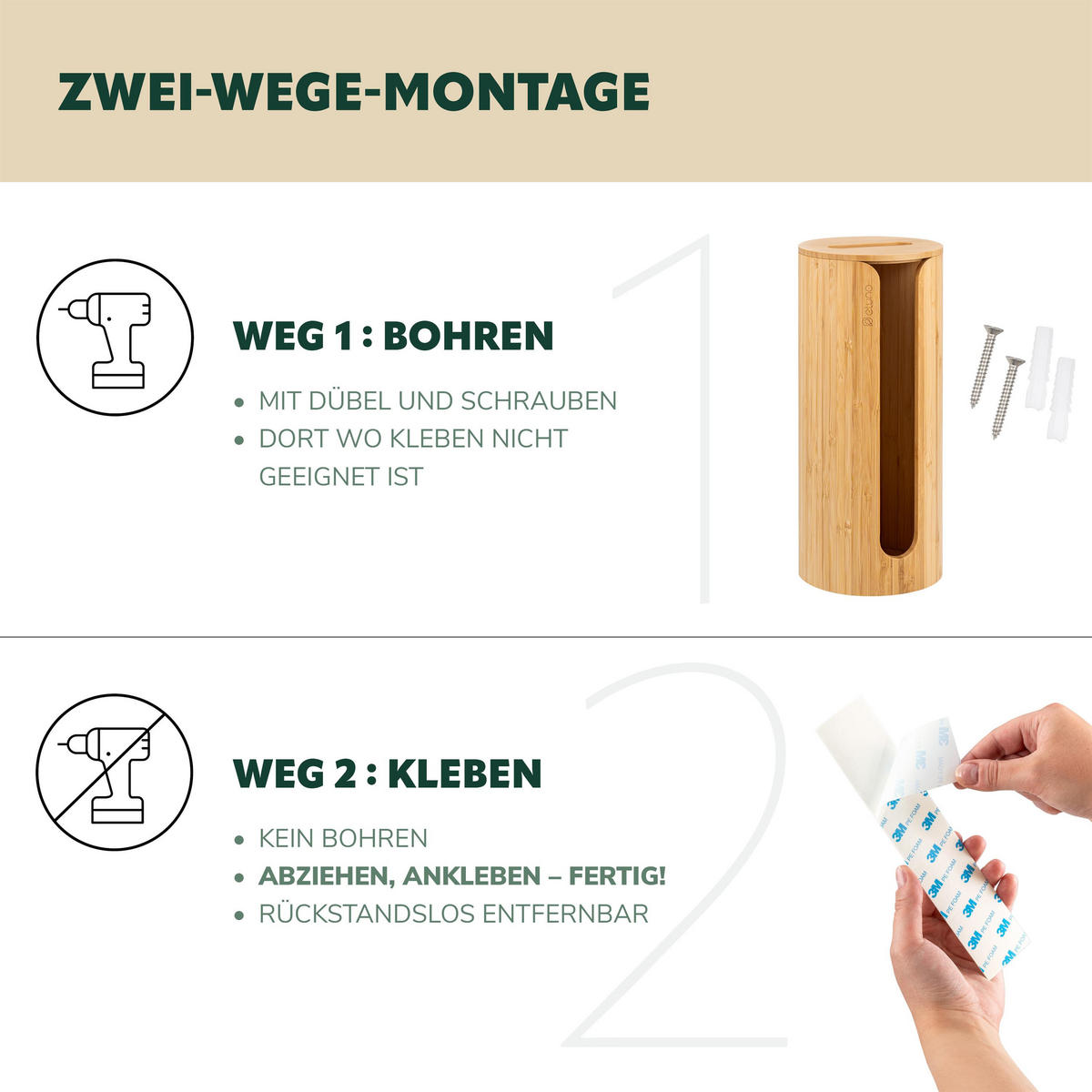 TOILETTENPAPIERAUFBEWAHRUNG, für 3 Rollen, Bambus - Braun, Holz (14.5/34/14.5cm) - eluno