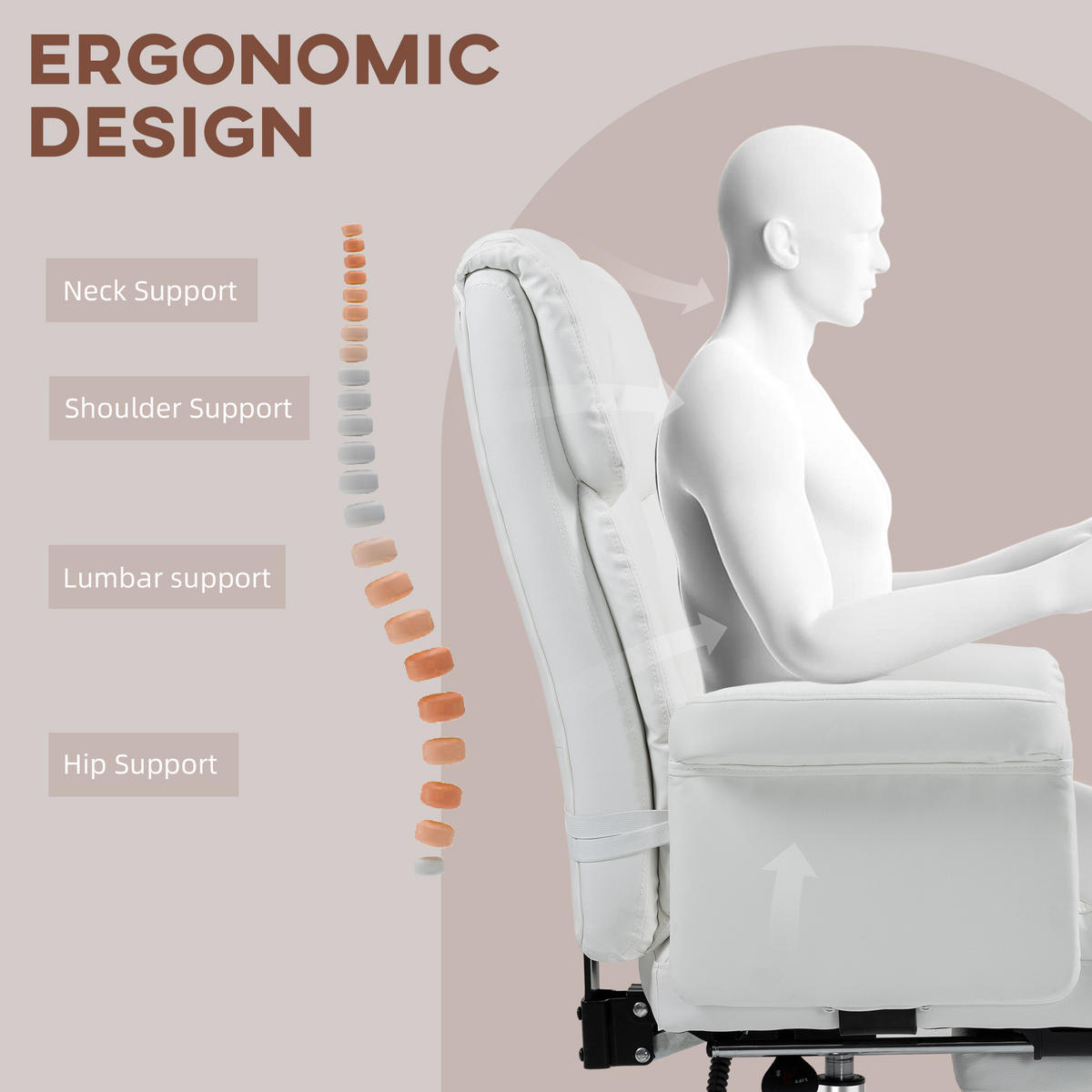 BÜROSTUHL, Ergonomisch Schreibtischstuhl mit Liegefunktion, Lendenkissen, Weiß - Chromfarben/Weiß, Kunststoff/Metall (65/115/69cm) - HOMCOM
