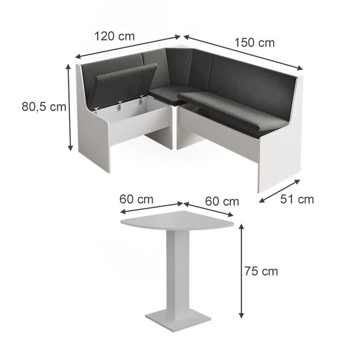 ECKBANKGRUPPE Ramon, Weiß, 60 x 60 cm mit ecktisch - Weiß, Holzwerkstoff (60/75/60cm) - Vicco