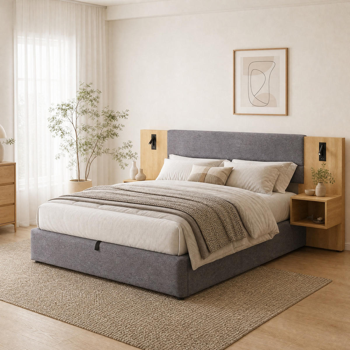 POLSTERBETT 180/200 mit Bettkasten, LED und USB-C-Anschlüssen in Grau und Natur - Grau, Holzwerkstoff/Textil (180/200cm) - EVRYAE