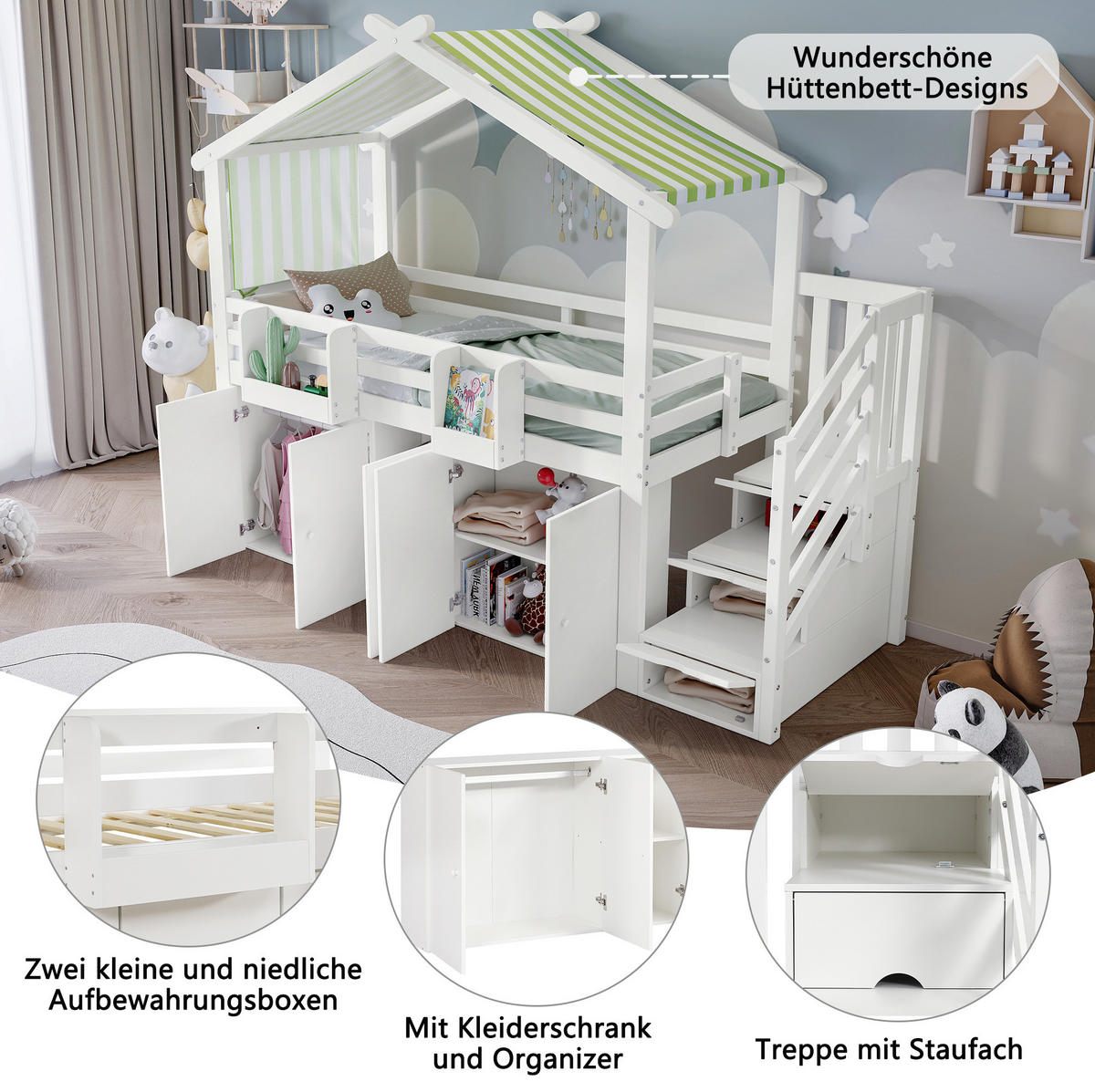 HAUSBETT 90/200 cm Weiß/Grün mit Stauraumtreppe und Kleiderschrank - Weiß, Holz (90/200cm) - Flora Grace