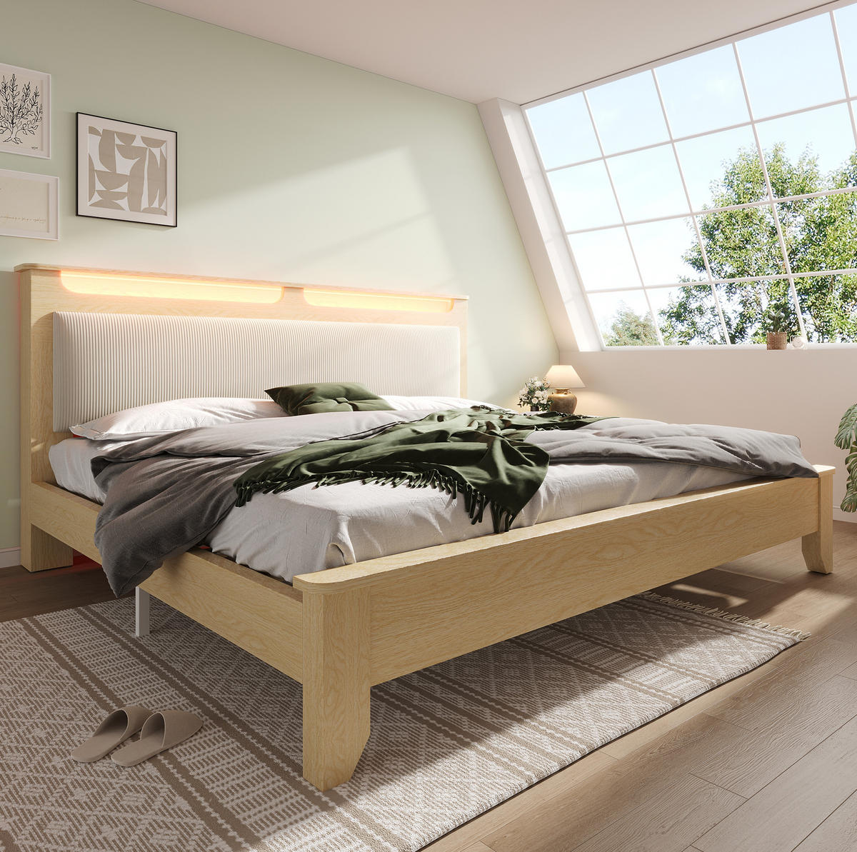 POLSTERBETT 140/200 cm Beige/Eichefarben aus Cordstoff/Holz mit LED-Beleuchtung und Stauraum - Beige, Textil (140/200cm) - OKMYHOME